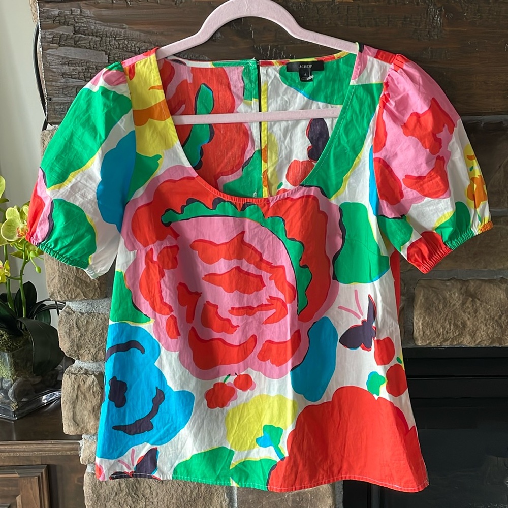 J. Crew Pink and Red Puff Sleeve Blouse